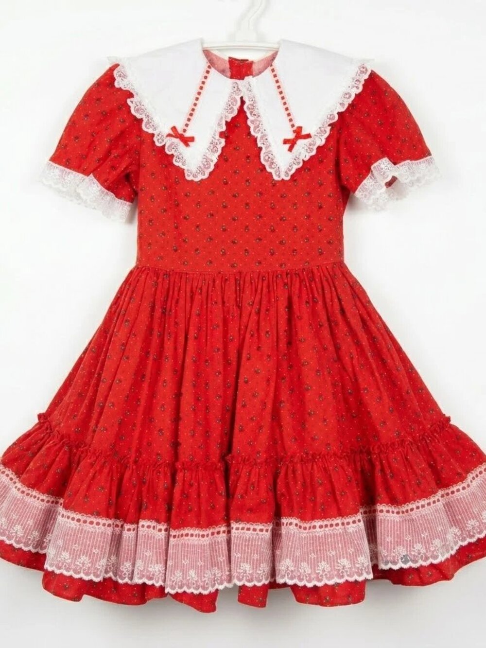 Gold Bell Girls 1980s Vintage Cricle Tiered Layered Party Dress Red with Lace 8